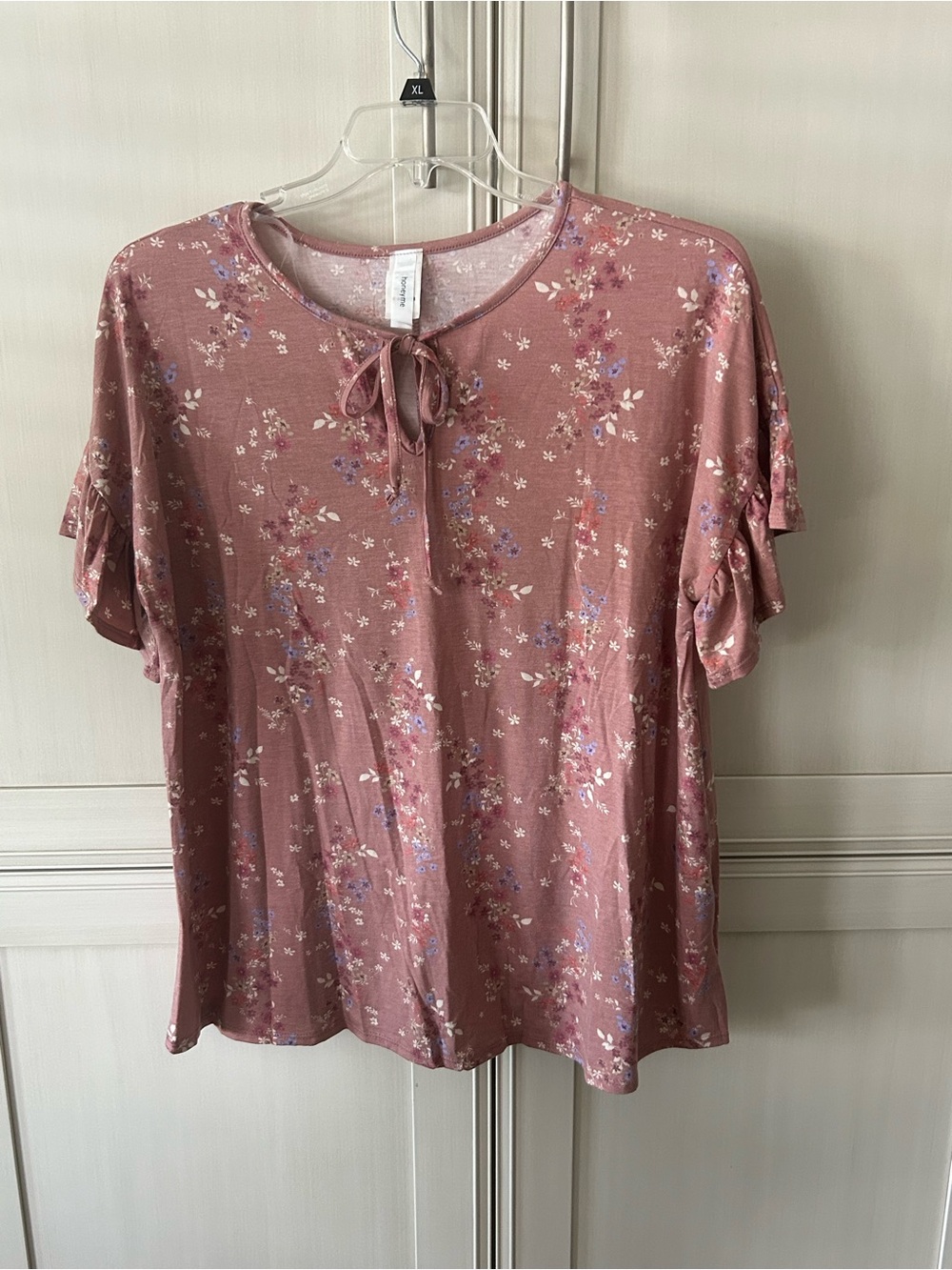 Honeyme Dusty Rose Floral Tie-Front Short Sleeve Top